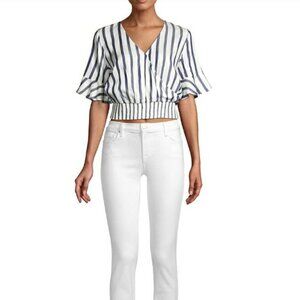 dh NEW YORK White and Blue Short Sleeve Crop Blouse